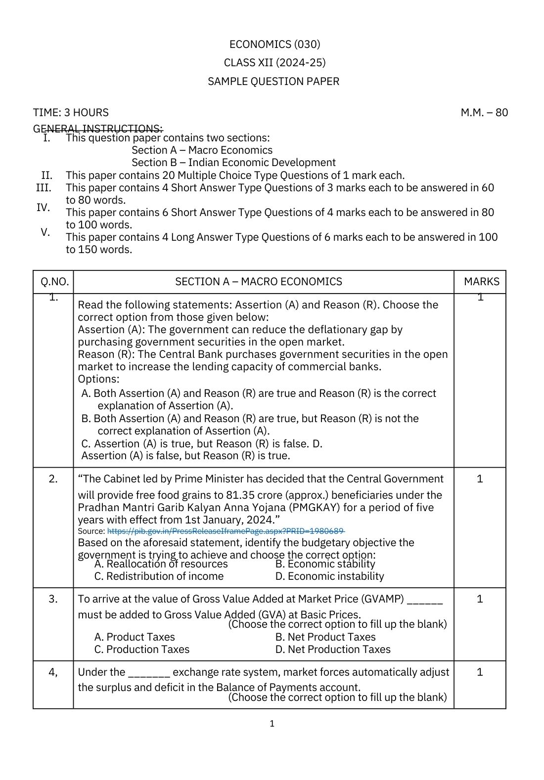 CBSE class 12 economics pre-board sample paper